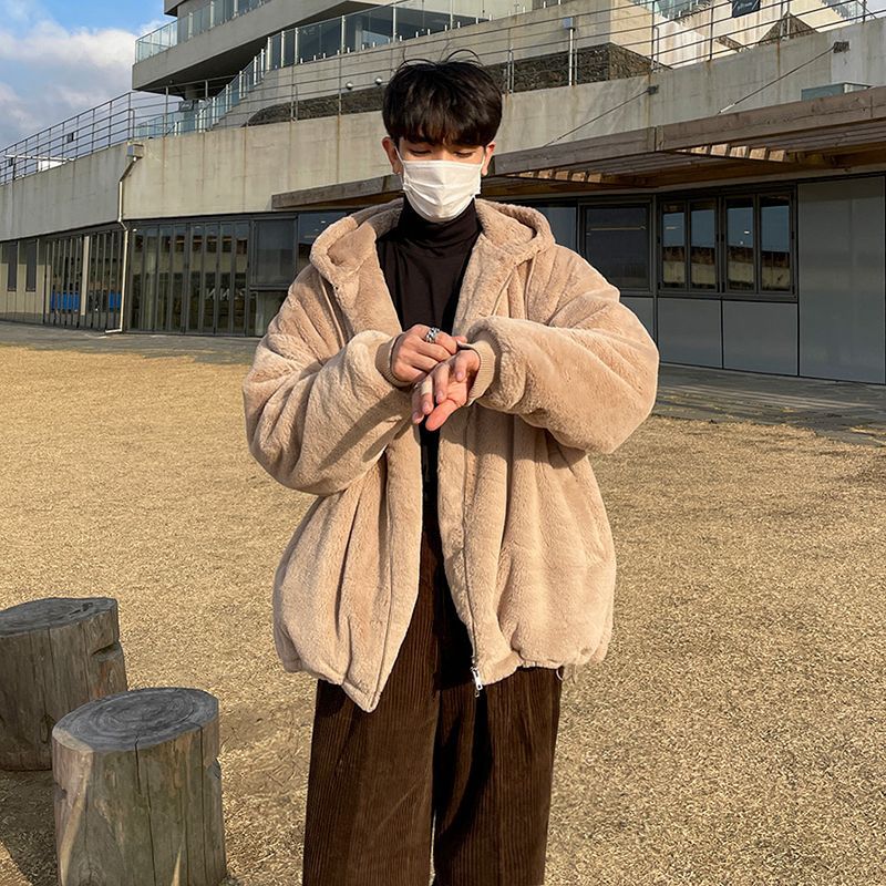 ラムウールコットンジャケットメンズ冬の韓国語バージョンの緩いトレンドのパッド入り厚手のフード付きジャケットの綿のコートのジャケット