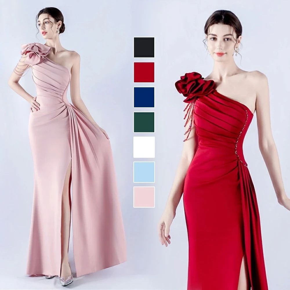 カラードレス ワンショルダー スリット サテン マーメイドドレス ノースリーブ ウェディングドレス 結婚式 二次会 発表会 パーティードレス イブニングドレス ウエディングドレス ロングドレス ピンク