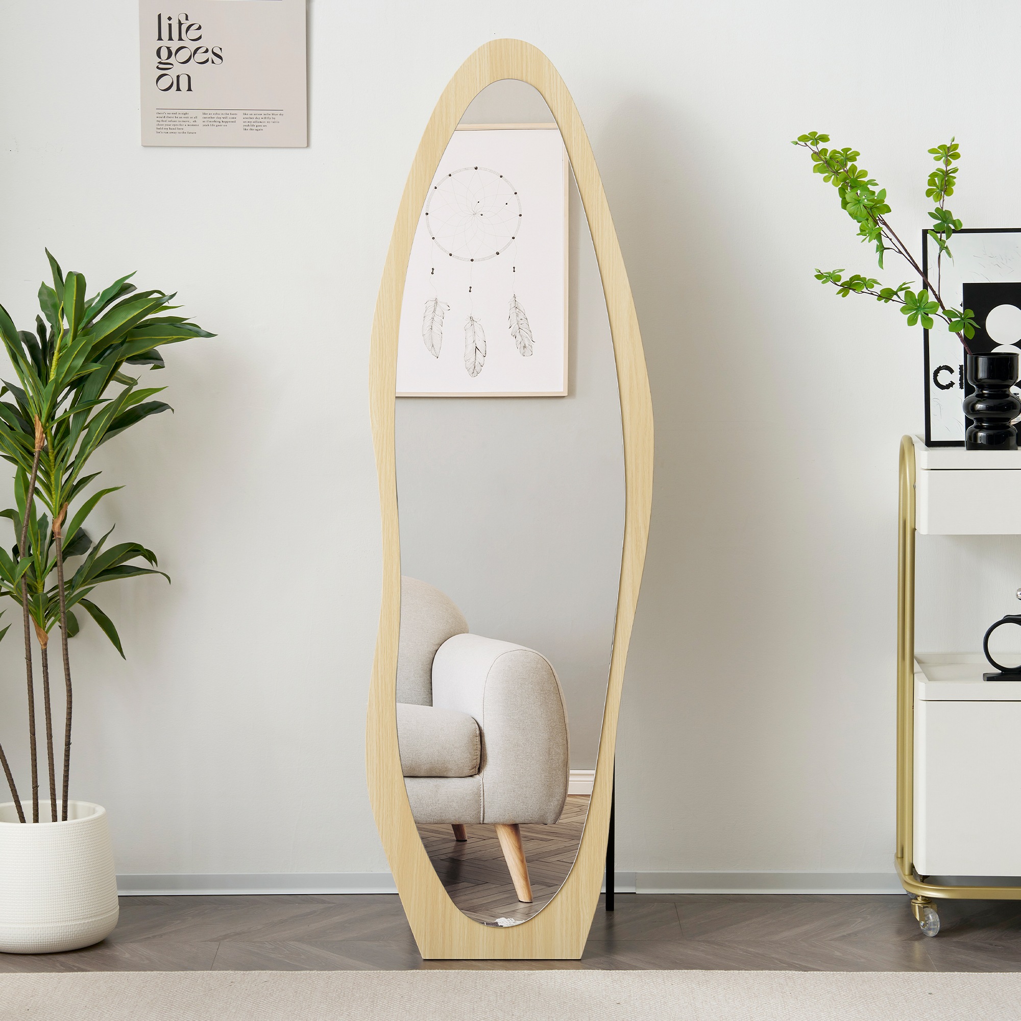 【大好評！最安値挑戦!】全身鏡 ウェーブミラー 姿見鏡 北欧 木目調 スタンドミラー 壁掛けミラー 立てかけ 姿見 鏡 ミラー おしゃれ 飛散防止 160*50CM ナチュラルGG8010 Natur
