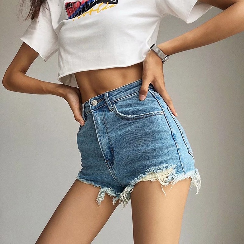 デニム ボトムス ショートデニムパンツ デニムパンツ ショートパンツ 裾ダメージショートデニムパンツ ハイウエスト ダメージ加工 カラーデニム ショート丈 ミニパンツ ジーンズ レディース かわいい