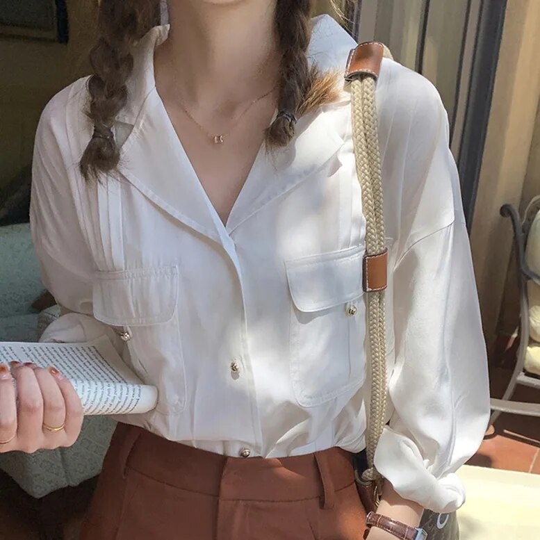 2color レディース シャツ ブラウス トップス 開襟シャツ オープンカラー 長袖 金ボタン