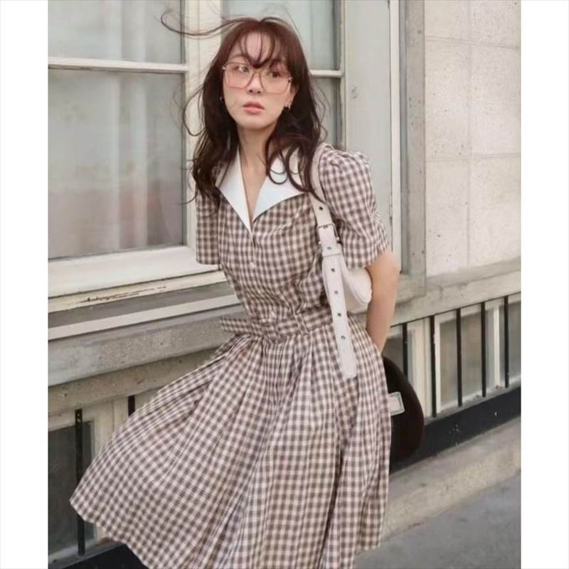 ワンピース レディース シャツワンピース 半袖 襟付き 膝丈 バイカラー タックフレア セミフレア