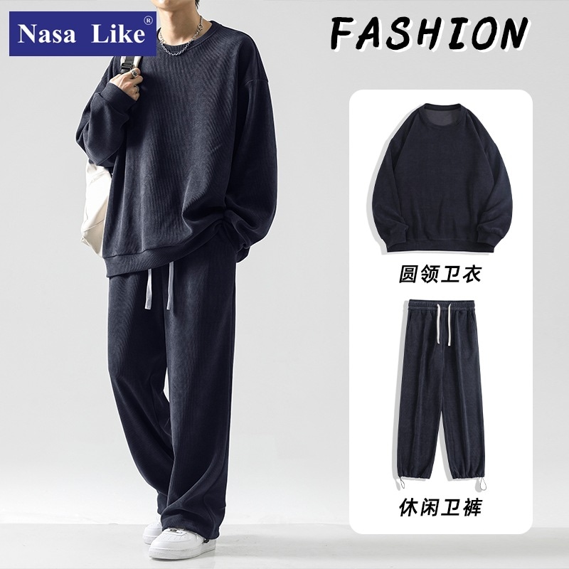 韓国ファッション ラウンドネック スウェットシャツ カジュアル 百掛け ドローストリング カジュアルパンツ メンズ 大きいサイズ スーツ カジュアル ファッション