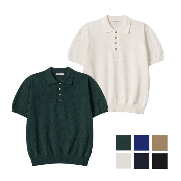 メンズブークルボタンカラーネック半袖ニットTシャツ AS-KNH-Q025-ネイビー