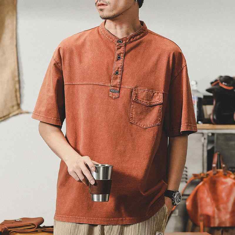 ポロシャツ レトロ ヘンリーカラー Tシャツ メンズ 半袖 アメリカン ダメージ加工 コットン 夏 綿 冷感 レッド ブラック コーヒー