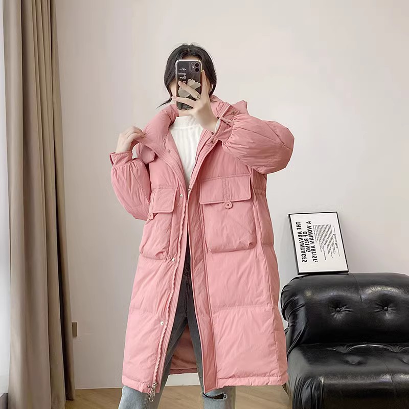 オフシーズンクリアランス冬新作ファッションミドル丈フード付きダウンジャケットレディースホワイトダックダウンゆったり膝丈厚手コート