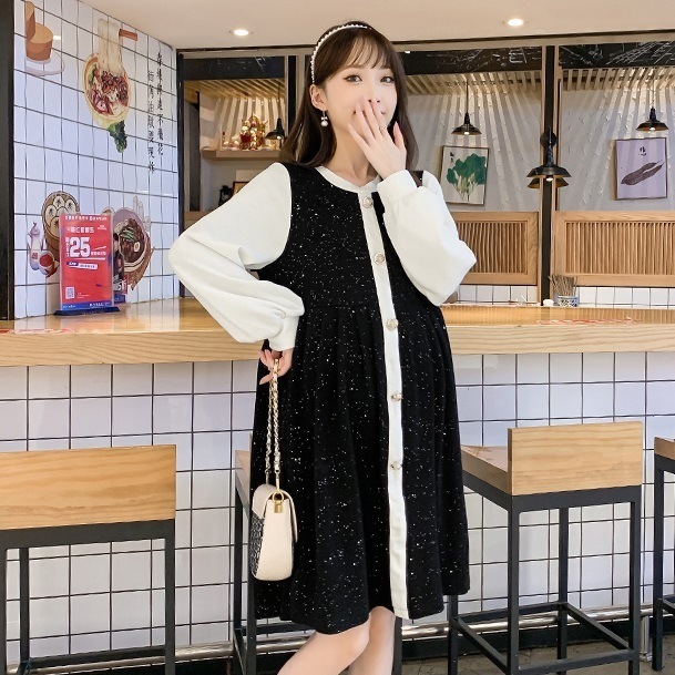 【送料無料】マタニティ ワンピース ミディ丈 ラウンドネック Aライン ラメ入り バイカラー