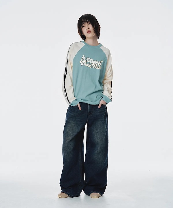 ★AMES-WORLDWIDE★LINETAPE RAGLAN LONGSLEEVE TEE BLUE★人気 A'GEM/9 × .kom 『AMES WORLDWIDE/アメスワールドワイド』 LINE
