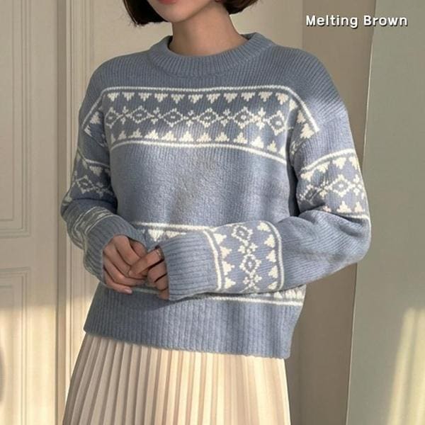 レディース 北欧風 ラウンドネック ニット セーター PR26