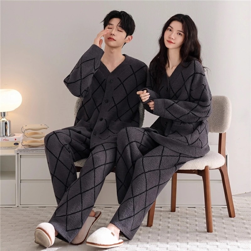 赤字開催 ペアパジャマ もこもこ 冬 男女2着 セット 厚手 Vネック 防寒 前開き カップル パジャマ チェック 高級 カジュアル おしゃれ ペア ルームウェア 長袖 レディース 夫婦 メンズ 上下