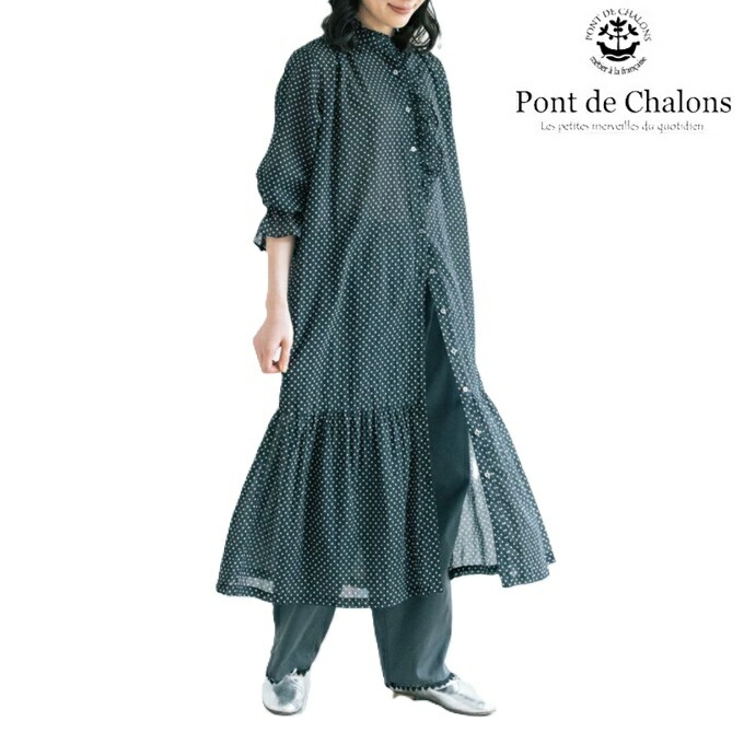 PONT DE CHALONS ポンデシャロン ドットptアシメフリルワンピース（ペチワンピース付） ブラウス レディース ポケット ペチコート付き コットン