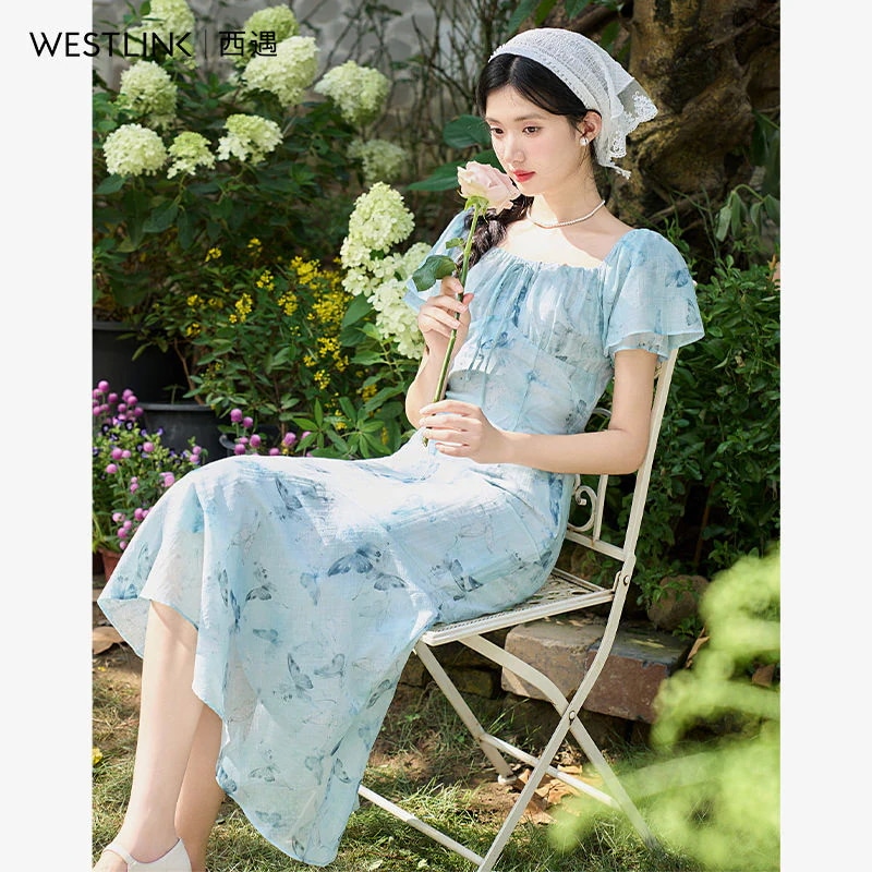 【急速出荷!】ブルー ガーデンテイストワンピース 2025夏 フリルスリーブ バタフライプリント スクエアネック マーメイドシルエット ワンピース ワンピース レディース ロングワンピース ワンピース