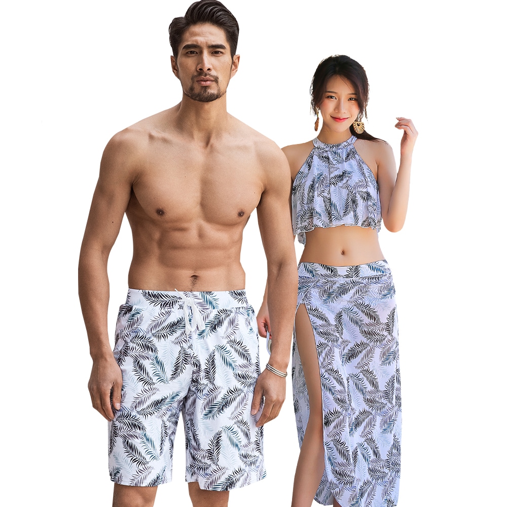 水着 カップル水着 レディース メンズ ペア水着 体型カバー ビーチパンツ お揃い 海 プール ペアルック 夫婦 恋人 彼氏 彼女 トランクス ビキニ 大きいサイズ グレー リーフ 2019年新作 5,242円