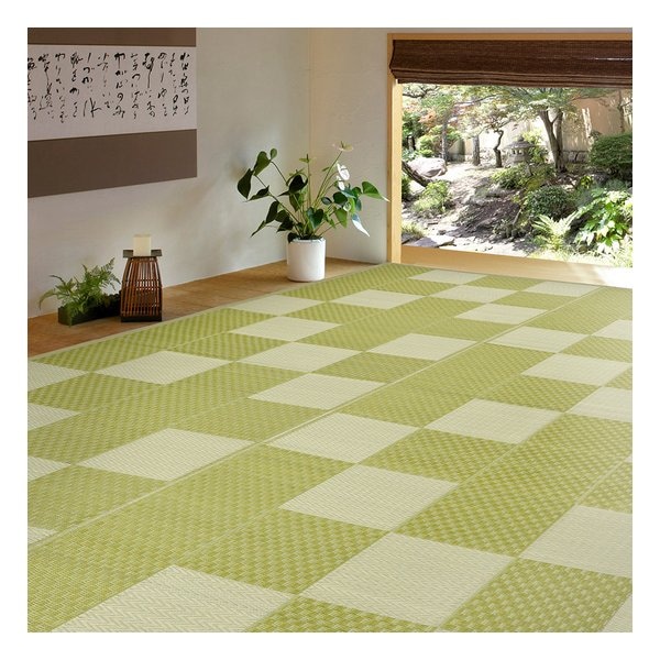 PP柄上敷 矢倉 い草風 水洗い可 本間10帖 約382×477cm グリーン 81947990