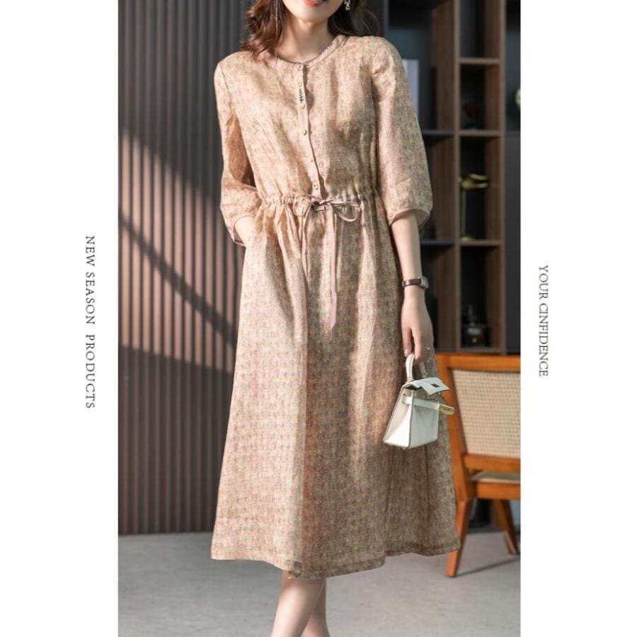 ワンピース ロングワンピース 半袖 レディース コットンリネン 綿麻 リネン 綿 花柄 総柄 リネンワンピース Uネック 大きいサイズ カジュアル 春 夏