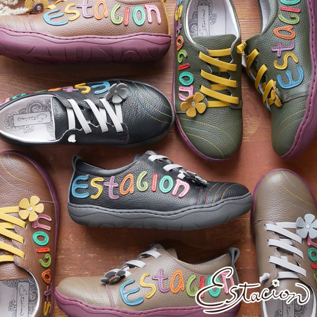 エスタシオン Estacion レディース スニーカー スリッポン ロゴデザイン ローカット カジュアルシューズ コンフォートシューズ 本革 MLH2116 ブラック 黒 ブラウン カーキ