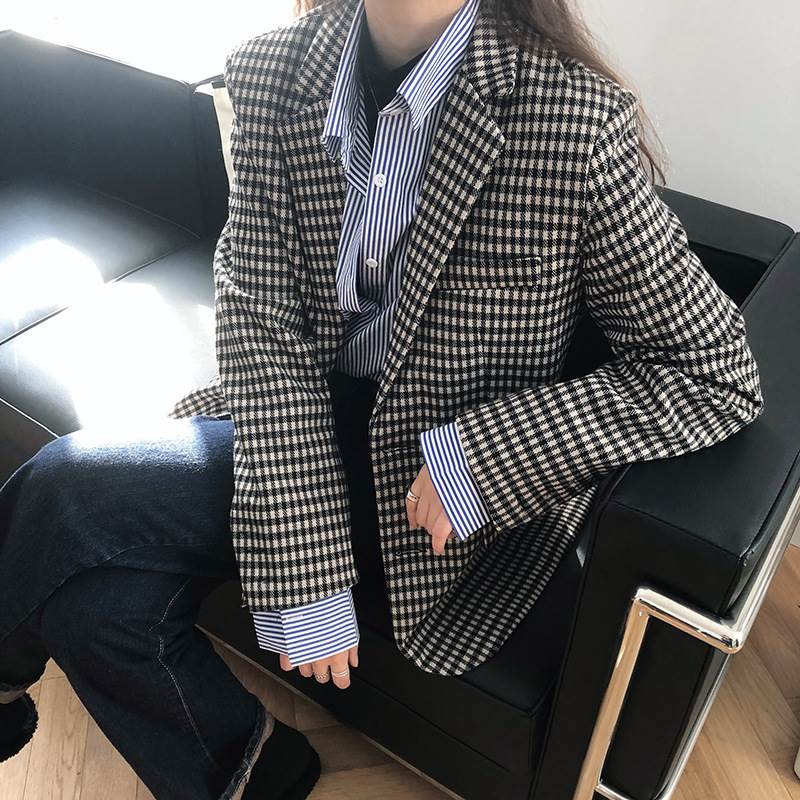 ジャケット レディース ギンガムチェック テーラード アウター 襟付き ポケット 前開き 黒 白 10代20代 30代 40代 韓国 個性的 レトロ ファッション おしゃれ ガーリー モード系 大人可