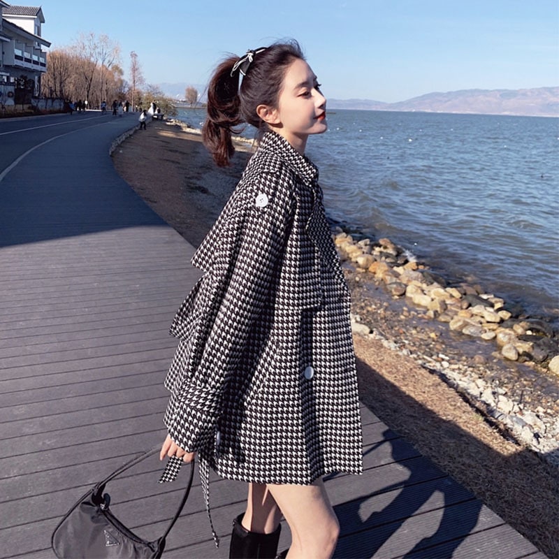 千鳥柄ジャケット ブラック アウター スリム 細身 ストレート スマート かわいい きれいめ