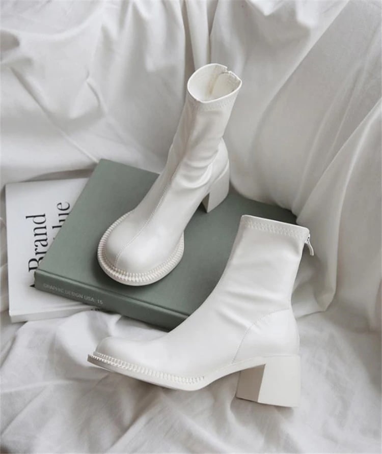 早い者勝ち 2021 気質 カジュアル 太いヒール ピュアカラー 伸縮性 ショートブーツ