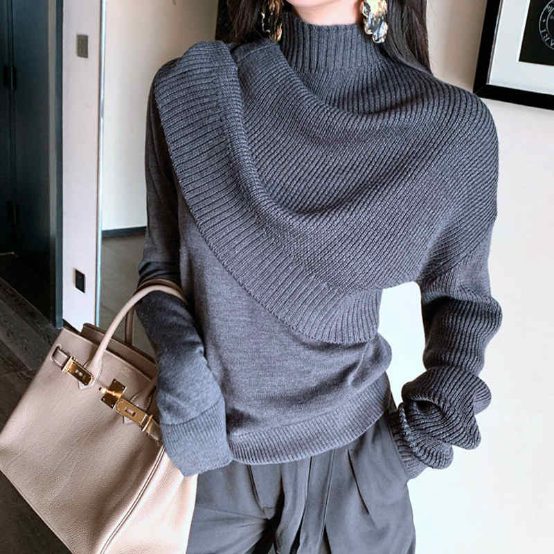 3点5% 5点8%クーポン! レディース ニット ハイネック アシンメトリー セーター 長袖 トップス ワンショルダー デザインニット カジュアル クール 大人かっこいい おしゃれ お出かけ デイリー