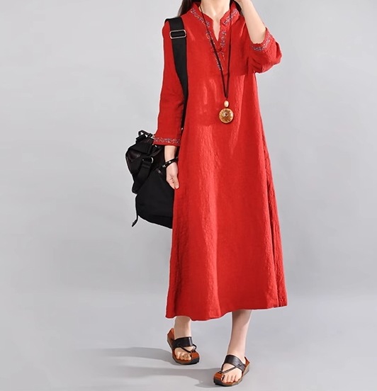 レディース ワンピース 7分丈 チャイナ キーネック 刺繍 中厚手 刺繡 大人可愛い カジュアル レトロ アジアン エスニック エキゾチック こなれ感 ラフ ガーリー 抜け感 ナチュラル 春 夏