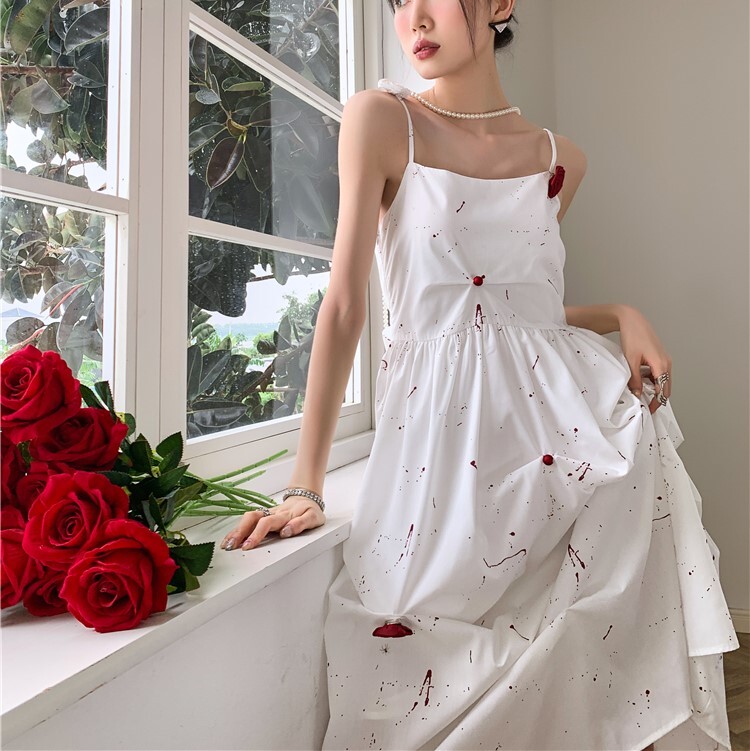 ドレス ワンピース パーティー キャミワンピース キャミワンピ インクモチーフ インク バラ ローズ 発表会 舞台 衣装 コスプレ コスチューム 膝下 ミモレ ロング 袖なし ノースリーブ