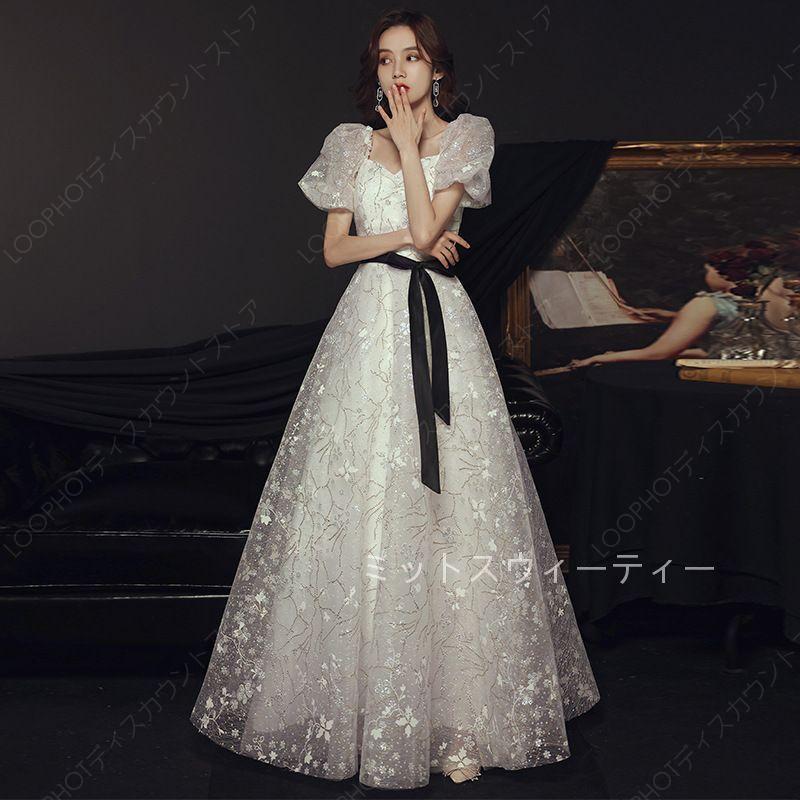 カラードレス パフスリーブ 20代 30代 40代 演奏会ドレス ホワイト 演奏会 声楽衣装 発表会 袖あり ロングドレス フォーマルドレス コンクール 大きいサイズ-67