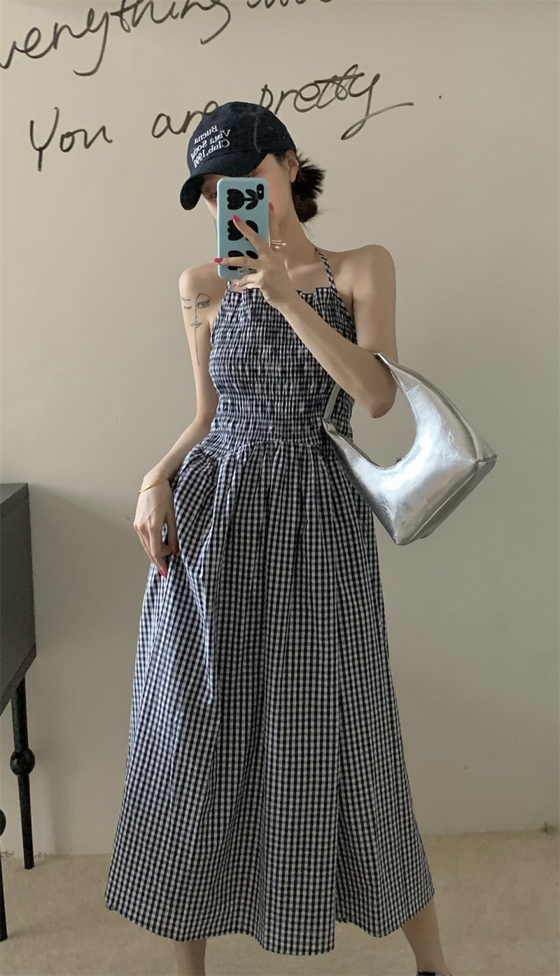格子 掛け首ストラップドレス レディース 夏 ウエストデザイン スカート ワンピース フレアワンピース ミモレ丈 ロング 袖なし ストレート ウエストマーク ハイウエスト 大人可愛い シンプル 5,382円