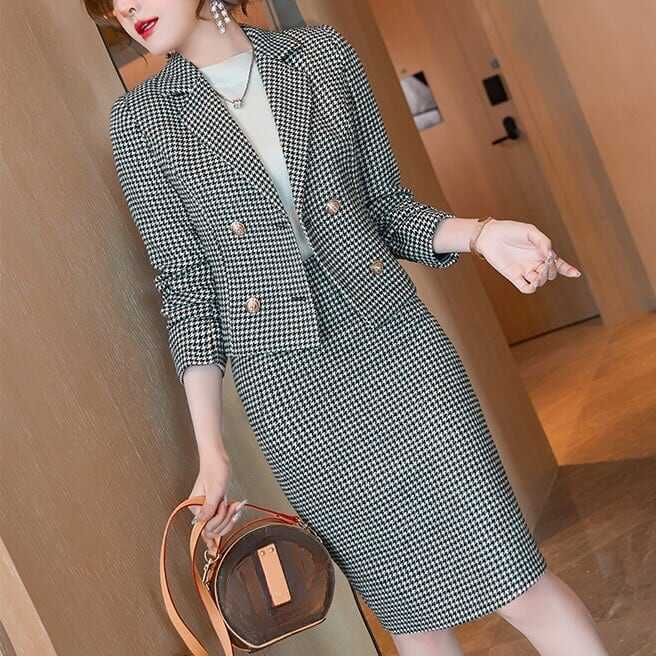 セットアップ ジャケット 上着 2点セット スーツ クロップ丈 タイトスカート ペンシルスカート チェック柄 格子柄 ショート丈 膝上 袖あり 長袖 上下セット 2点セット ツーピース かわいい ls