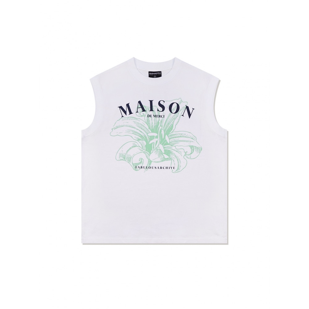 FABULOUS ARCHIVE UNISEXオーバーフィットシングルMAISONプリントスリーブレストップホワイトネイビー（FCB2TS300M）