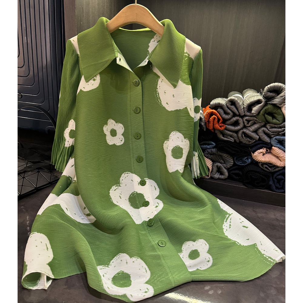 ファッション襟単列プリントしわワンピース気質ゆるいシャツスカート秋