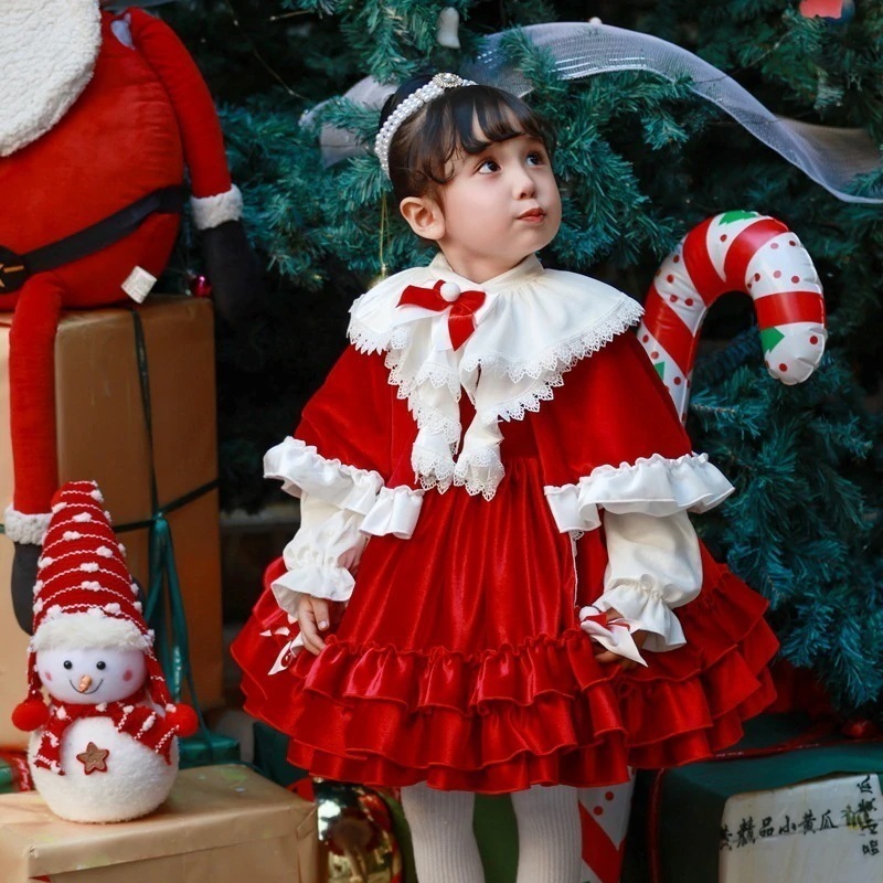 秋冬女児ロリータプリンセスドレス 子供ふわふわ赤クリスマス正月フォーマルワンピース 発表会 七五三 卒園式 入学式