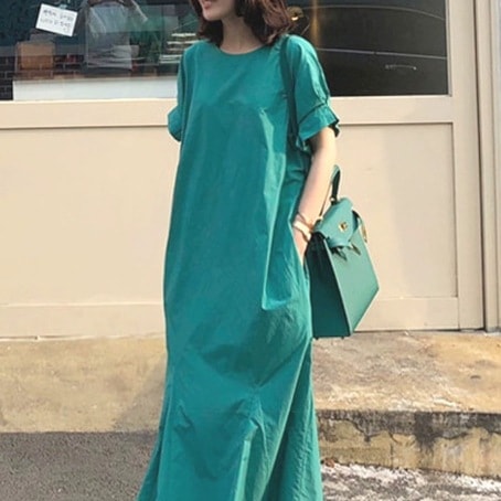 ワンピース マキシ丈ワンピース 袖付き 半袖 襟なし ラウンドネック ポケット かわいい 大人可愛い シンプル カジュアル 大人 上品 おしゃれ お洒落 かっこいい レトロ 大人女子 こなれ感 ラフ