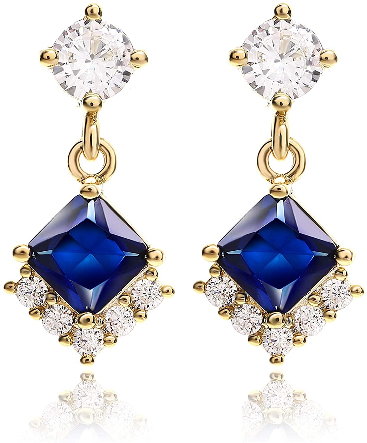 サファイア ブルー CZ ピアス 18金 ゴールド プリンセスカット ダイヤモンド CZ 揺れるピアス 18KGP ハリウッド セレブ ジュエリー
