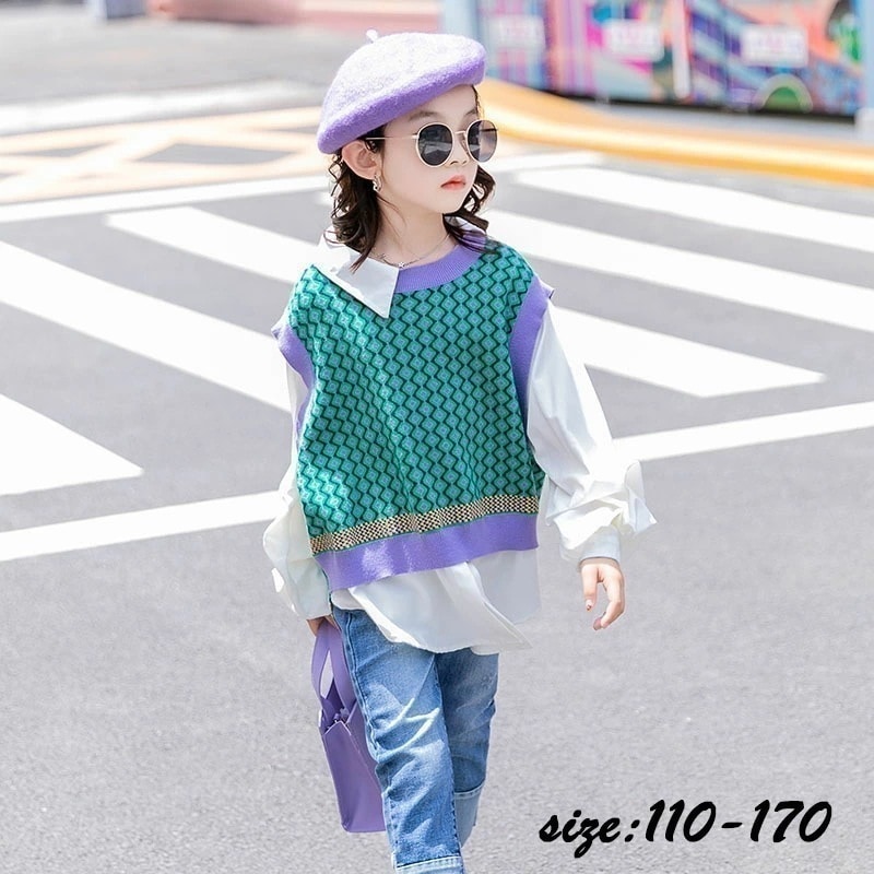 【即納】セーター ニットトップス 子供服 プルオーバー 切り替え 春秋 トップス 女の子 長袖 カジュアル おしゃれ 子ども服 キッズ 無地 人気 可愛い ジュニア服 卒園式 入学式 110-170c