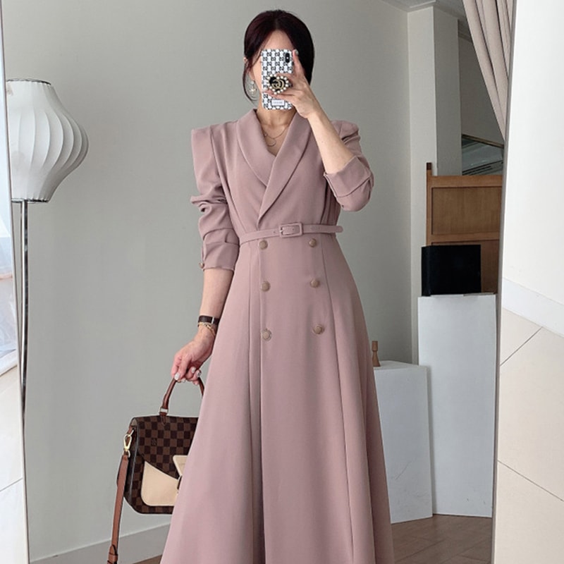 ワンピース レディース ロングワンピース S M L 韓国 長袖 ロング ロング丈 フレア エレガント スーツ 襟 ダブルブレスト バックル 無地 ドレス 大人女子 フォーマル おしゃれ かっこいい