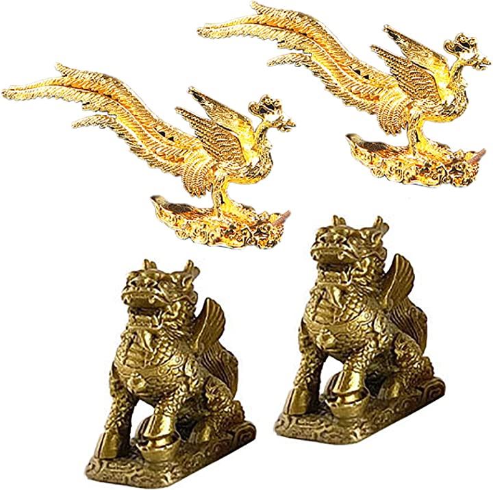 開運 風水 置物 スピリチュアル お守り 香立て 招福 ヨガ 金運(ゴールド鳳凰香立て2個＋麒麟1対（2個）セット)