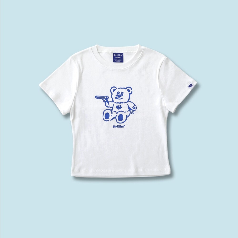 【韓国人気】Bad Bear White クロップドトップ 半袖Tシャツ