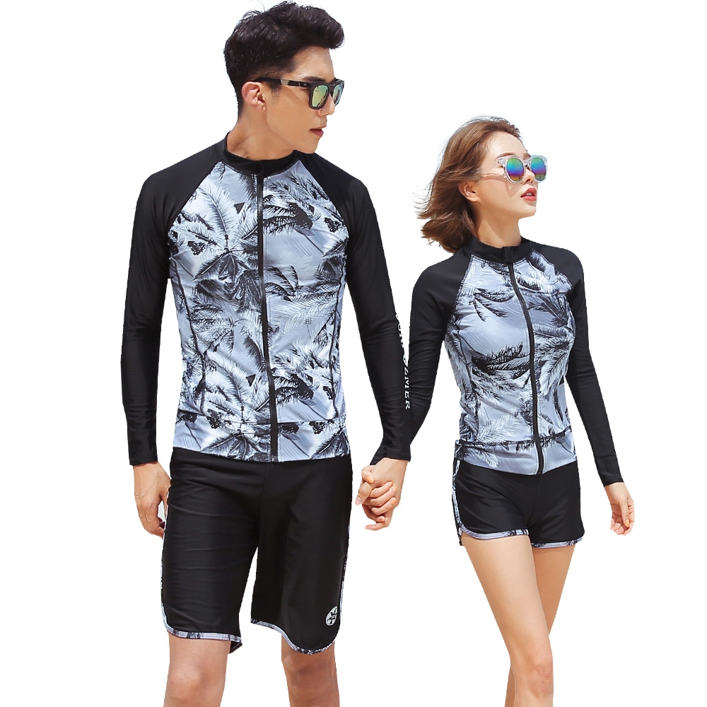 フィットネス水着 水着 ペア カップル ウェットスーツ リーフ柄 水着 体型カバー レディース メンズ お揃い セットアップ ラッシュガード 長袖 競泳水着 練習用 大きいサイズ フィットネス水着