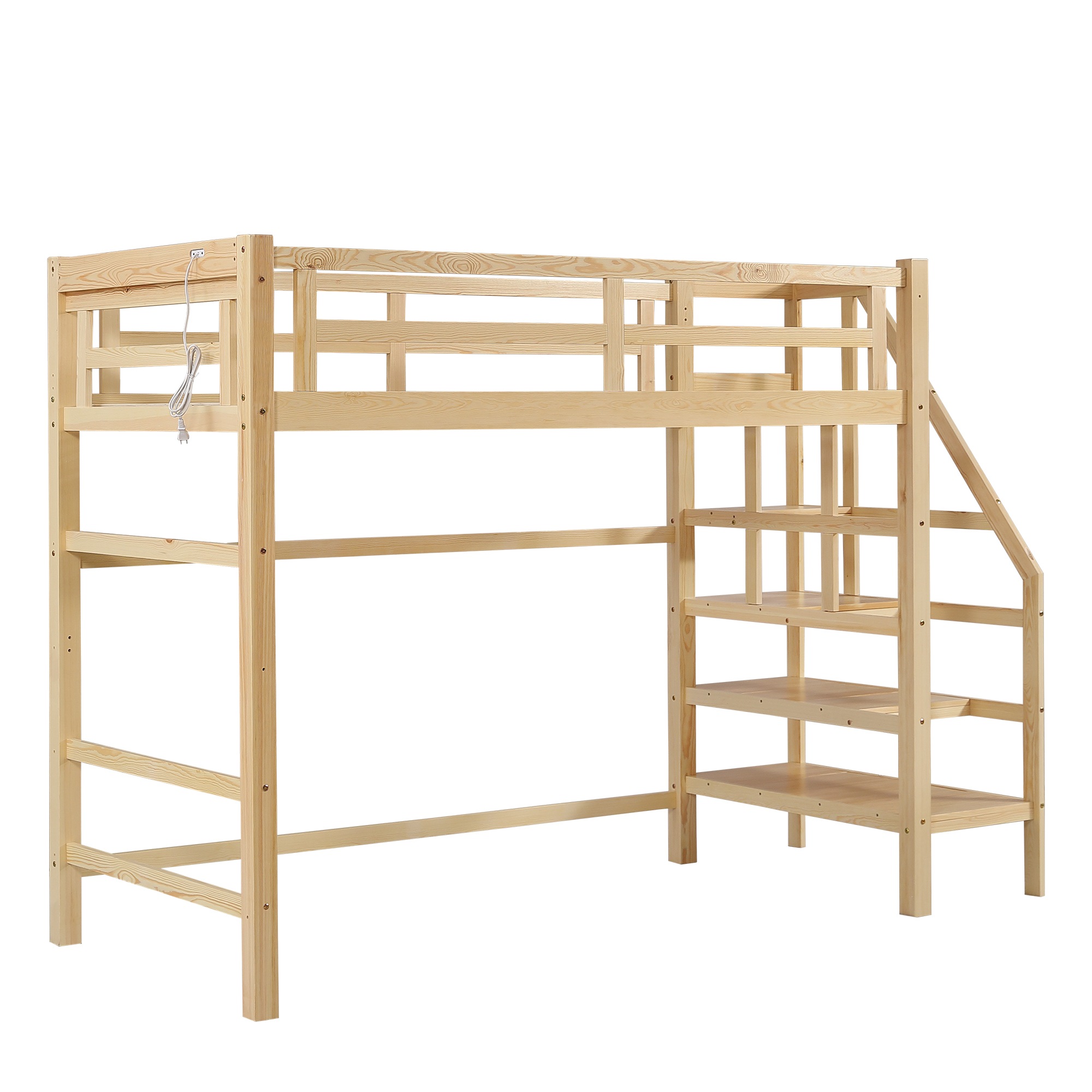 376ロフトベッド 階段付き 天然木 コンセント付き シングル 宮付き 収納棚付き 収納 北欧風 大人 一人暮らし 子供ベッド ベッド 木製ロフトベッド 高さ172cm388