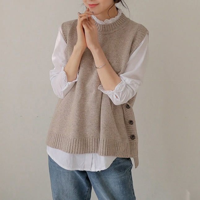 ベスト セーター ニット トップス クルーネック ワイド ノースリーブ 大人可愛い お洒落 こなれ感 普段使い