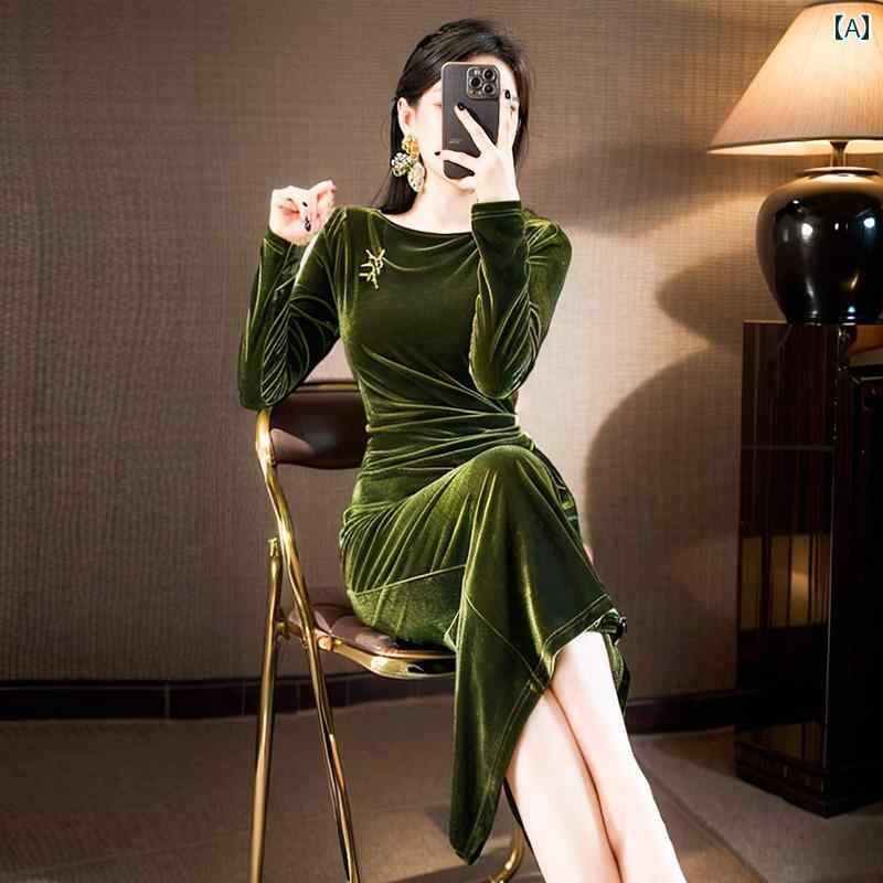レディース　ドレス　ワンピース 2025 早春型 軽量 高級 ハイエンド ミディアム ロング スリム ヒップ スカート グリーンゴールド ベルベット ドレス