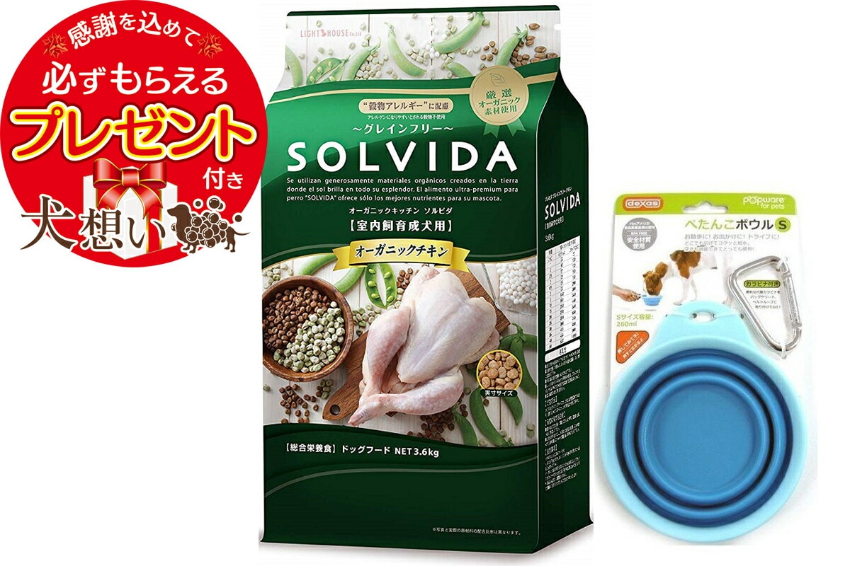 【プレゼント付】ソルビダ グレインフリー チキン 成犬用 3.6kg ぺたんこボウル ブルー Sサイズ付き
