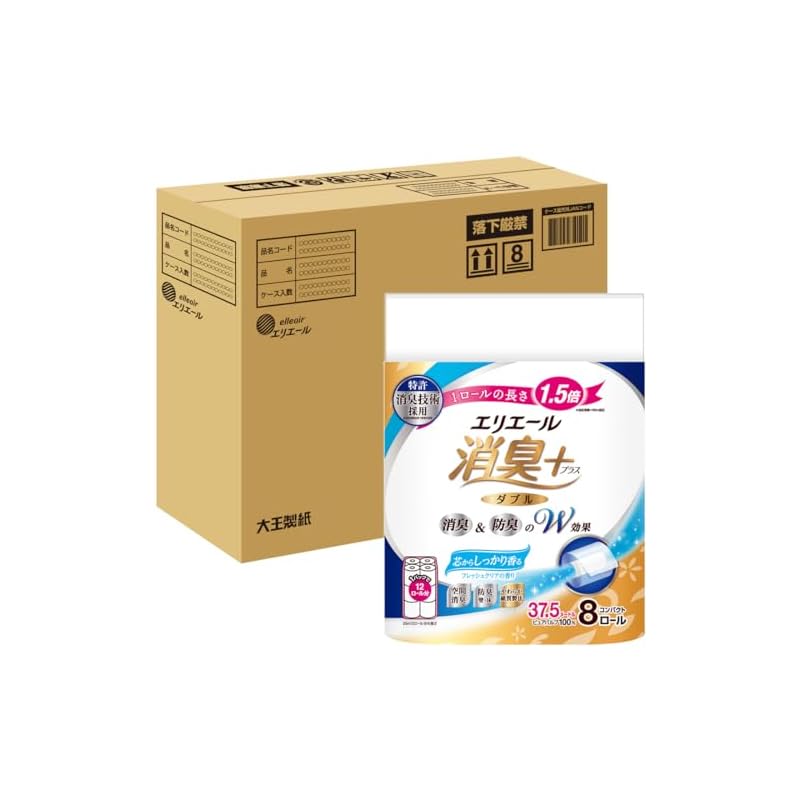 エリエール トイレットペーパー 消臭プラス(+) 1.5倍巻き 37.5m32ロール(8ロール4パック) ダブル パルプ100% フレッシュクリアの香り 【ハーフケース】