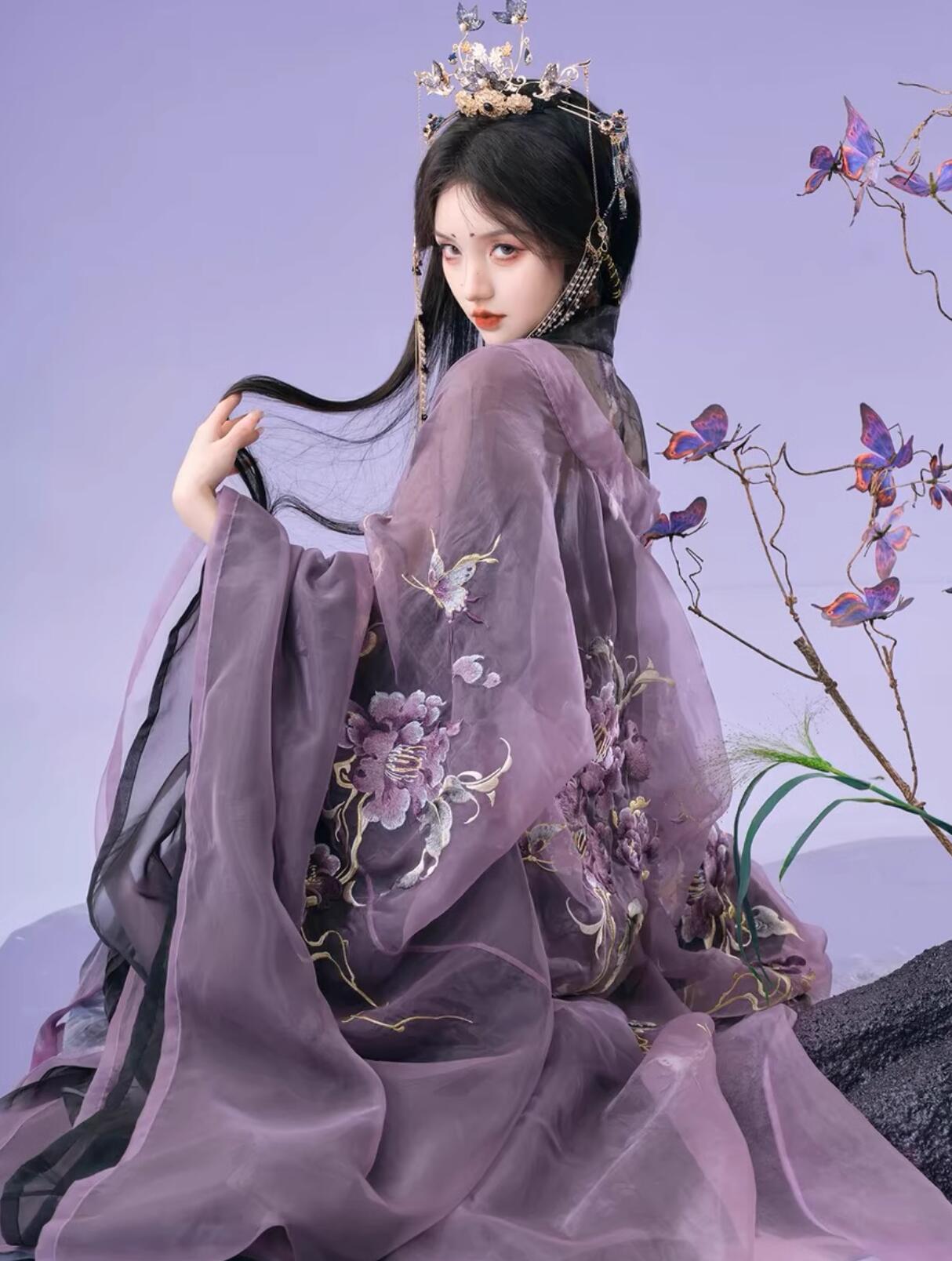 漢服4点セット 暗黒系 中華コスプレ衣装 紫と黒の振袖羽織 ストール付き シフォン ひらひら ツバキ 花刺繍 中国古代服装 中華衣装 華流 妖精 ハロウィン コスプレ衣装 紫＋黒 チャイナ服 レディー