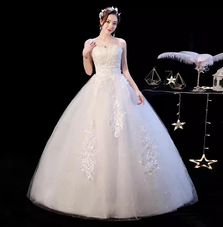 ロングウェディングドレス 二次会　花嫁ドレス エンパイアドレス　ロングドレス パーティードレス　編み上げタイプ 豪華な ビスチェタイプ ウエディングドレス レース　刺繍 結婚 花嫁 ベールパニエグ