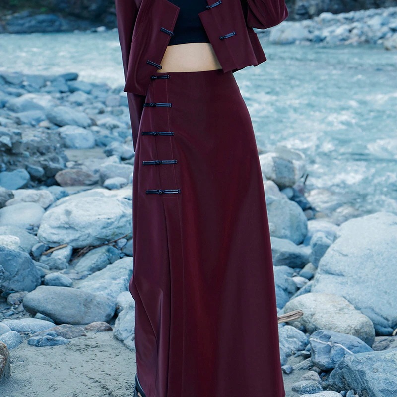 【快速出荷】チャイナ風スカート ロング レザースカート ワインレッド スリットスカート 黒 ボトムス Aライン PUスカート 秋冬