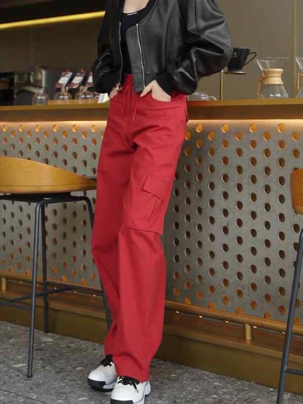 レディース ファッション オシャレ カワイイ シンプル 人カワイイ きいサイズ 赤 ポケット ハイウエスト 薄手 カジュアル パンツ ストレート