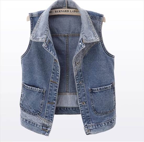 ベスト アウター デニムベスト ジャケット レディース 襟あり ポロ襟 袖なし ストライプ バイカラー 切り替えデザイン 春 秋 ショート丈 チョッキ 前開き シングルブレスト ノースリーブ かわいい