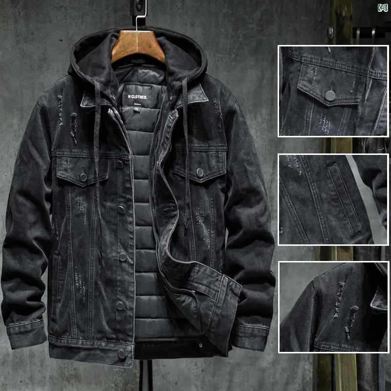 メンズ ファッション オシャレ カジュアル 男性 ハイエンド 分解 フード付き デニムジャケット 冬 裏起毛 厚手 レトロ ジャケット プラス コットン 暖かい コットンコート